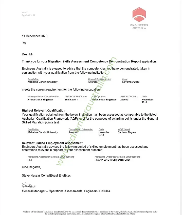 Positive skills assessment outcome letter example 6